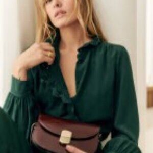 Sezane Chlo Blouse in Bottle Green Silk, Size 14, Like New
